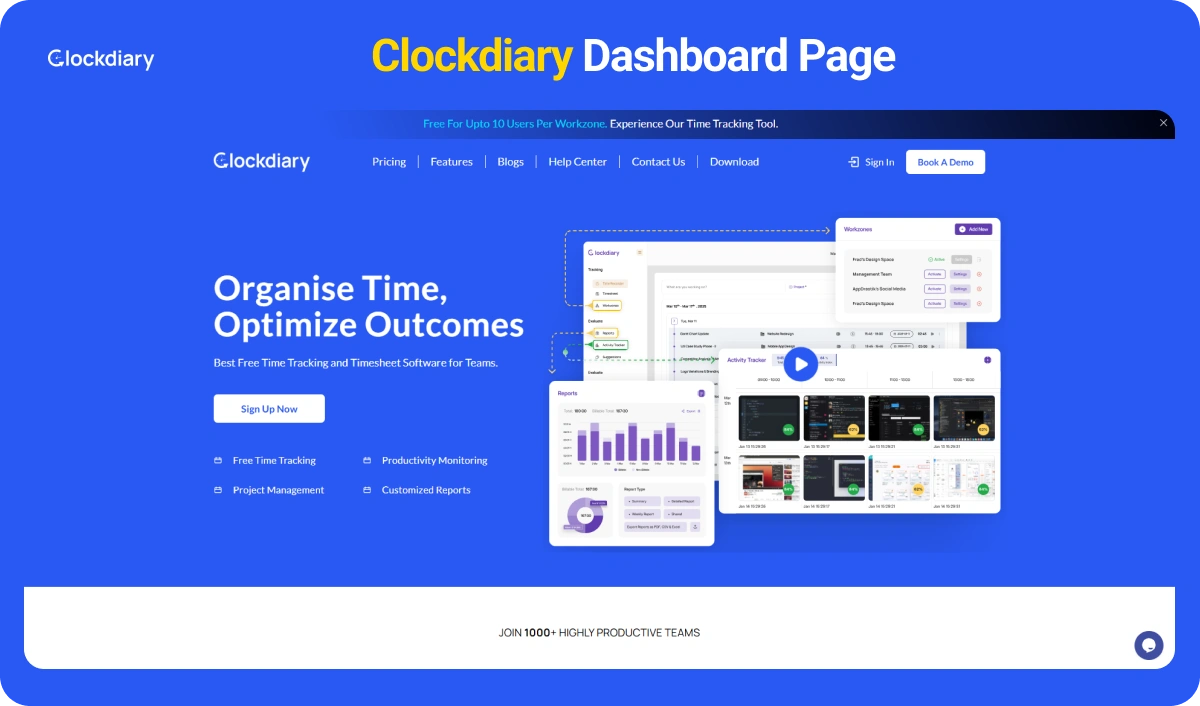 Clockdiary, one of the best goal tracking apps Dashboard Page