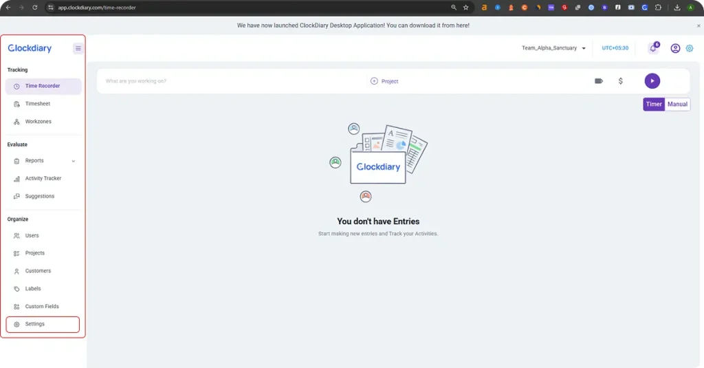 Clockdiary Setting Dashboard
