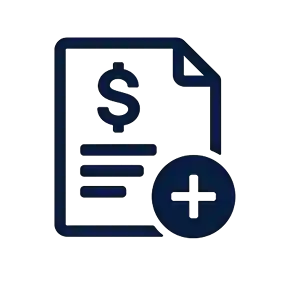 Icon of an invoice document with a dollar sign and plus symbol, representing invoice generation from work hours in the time clock app.