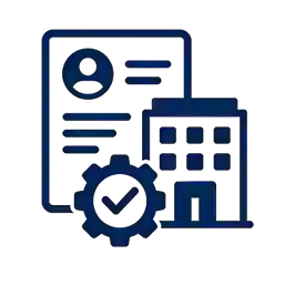 Icon of a company profile document with a gear and check mark, symbolizing company profile setup for the time clock app.

