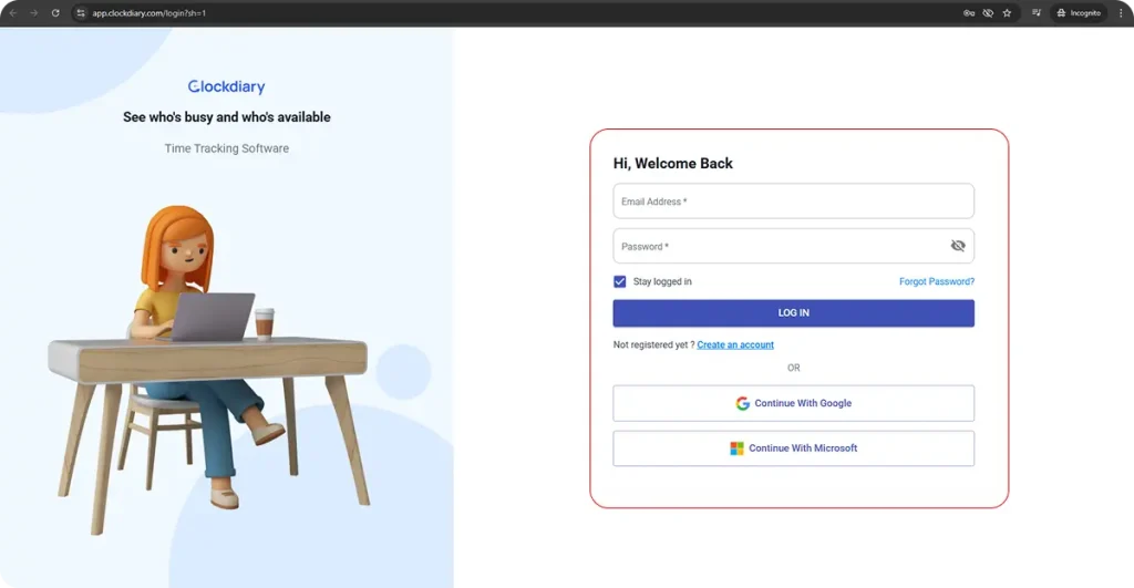 Sign up page of clockdiary
