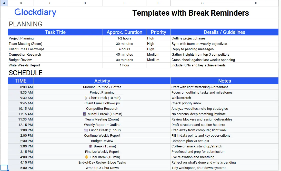 Templates with Break Reminders