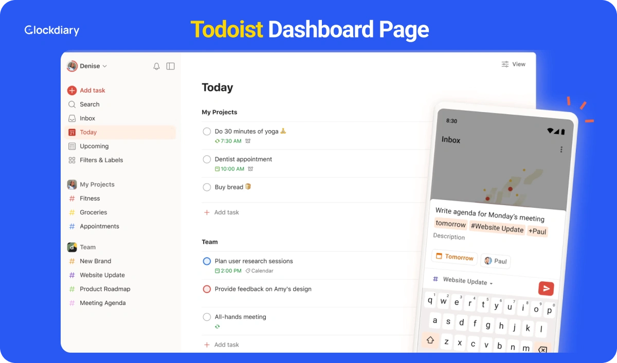 Todoist, one of the best goal tracking apps Dashboard Page
