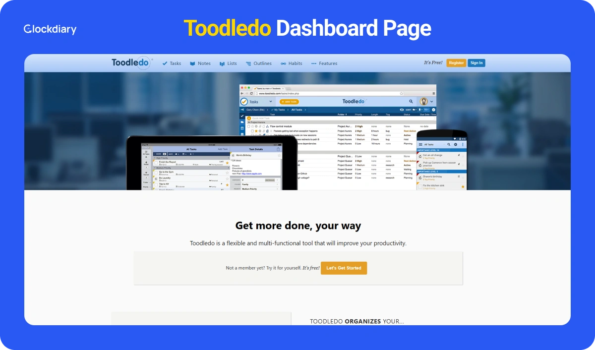 Toodledo, one of the best goal tracking apps Dashboard Page