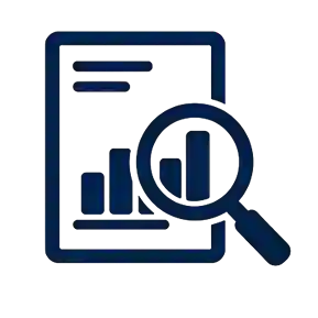 Icon of a report document with bar chart and magnifying glass, symbolizing built-in reports and time tracking insights in the time clock app.