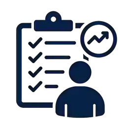 Icon of a checklist on a clipboard with a user silhouette and upward graph, representing timesheet and team activity tracking in the time clock app.