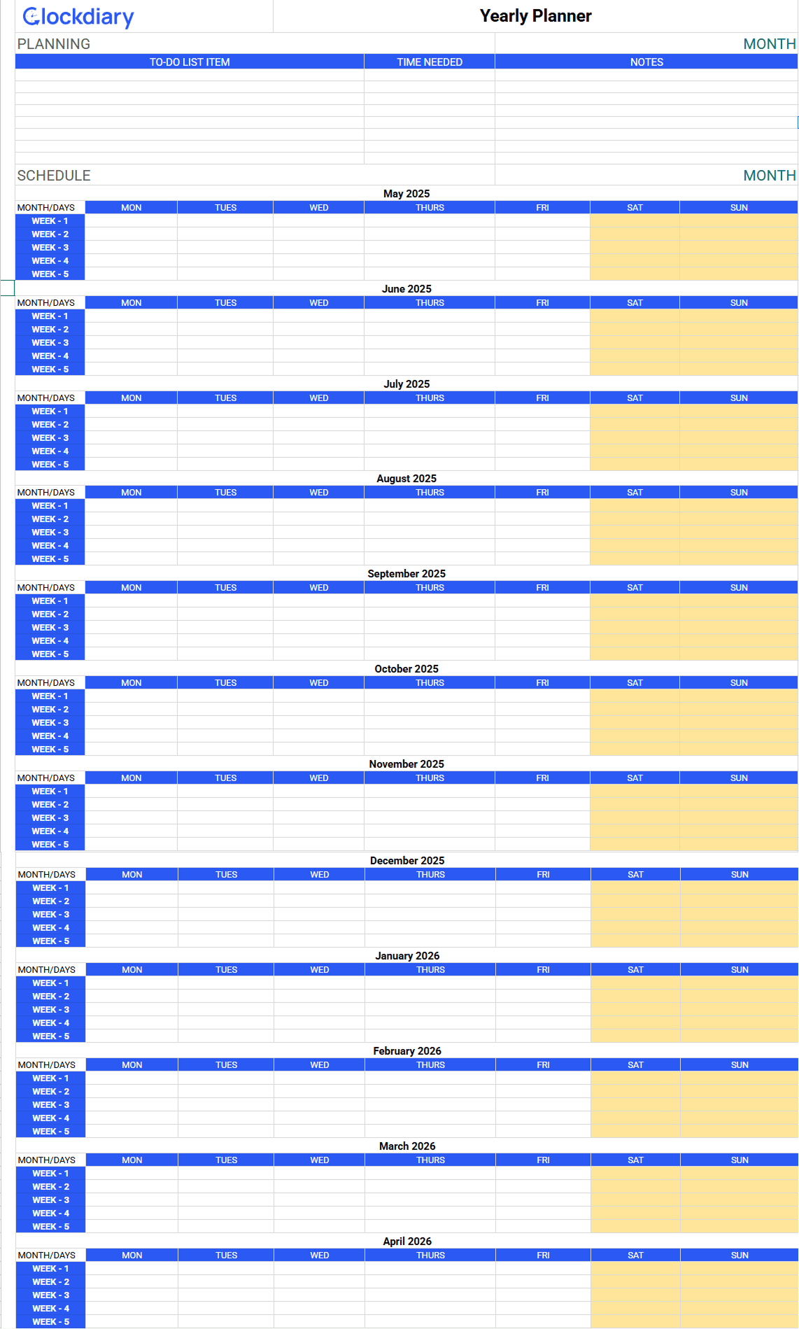 Yearly Planner Time Blocking Template