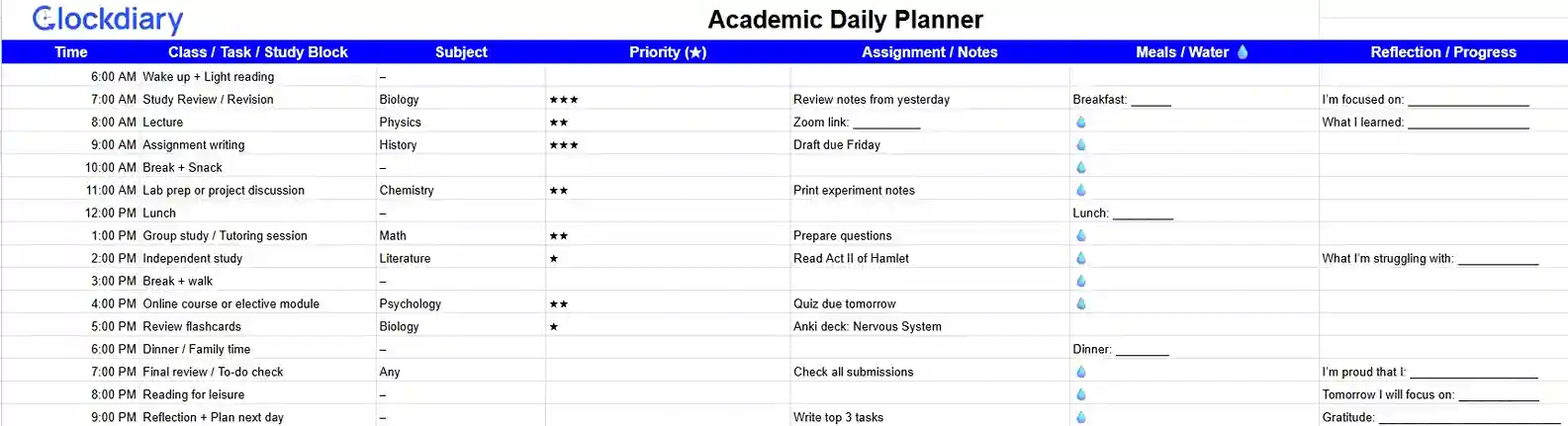 Academic Daily Planner Templates