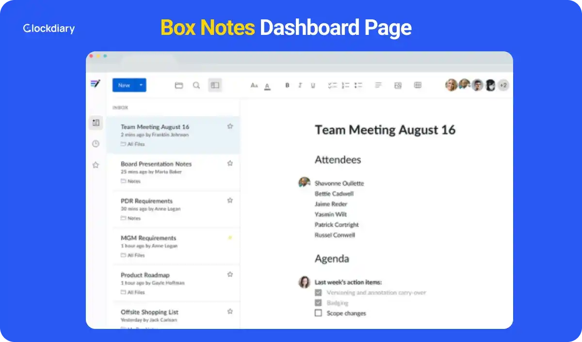 Box Notes, one of the best Evernote alternatives Dashboard Page 