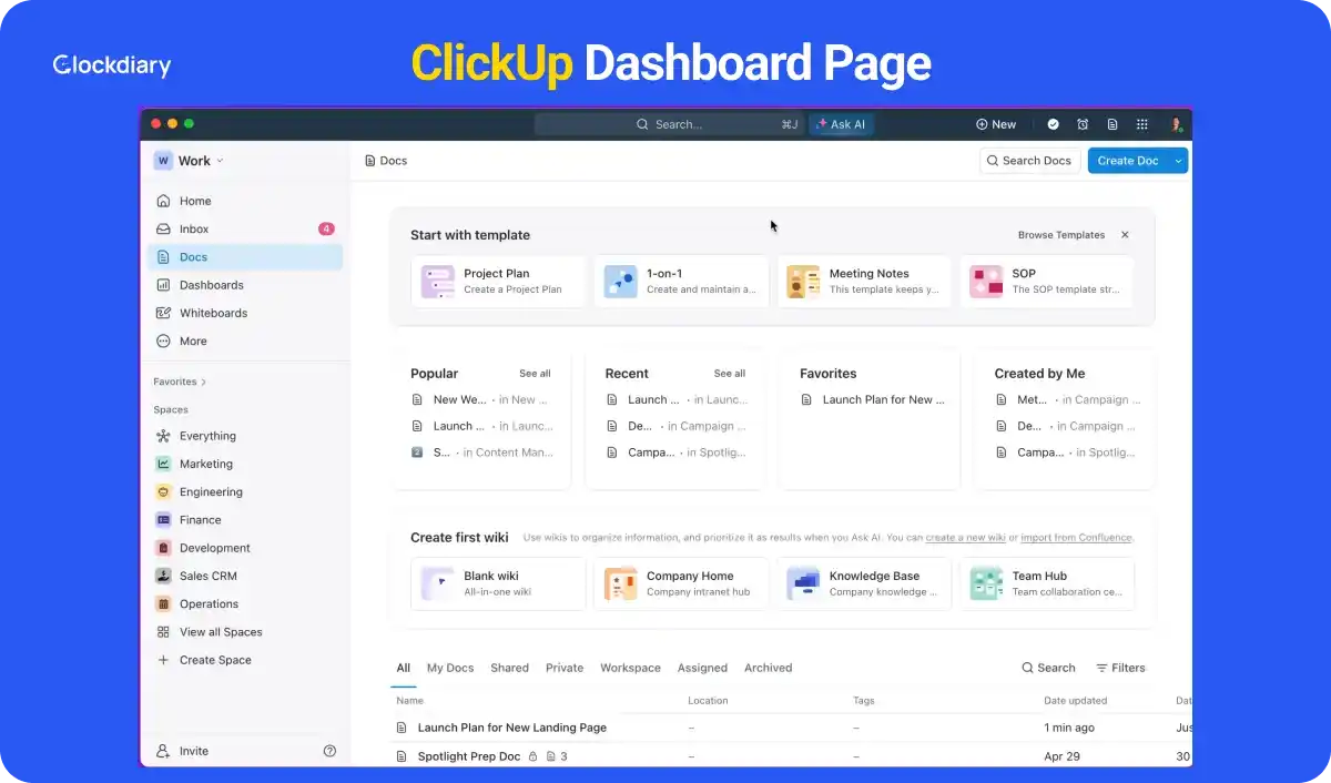 ClickUp Dashboard Page