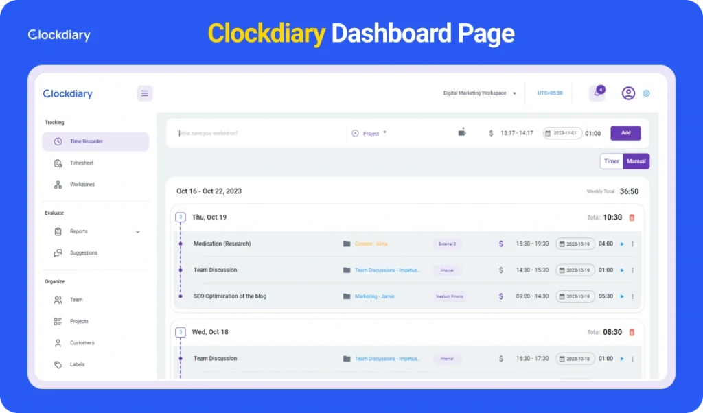 Clockdiary best Harvest alternative dashboard Page