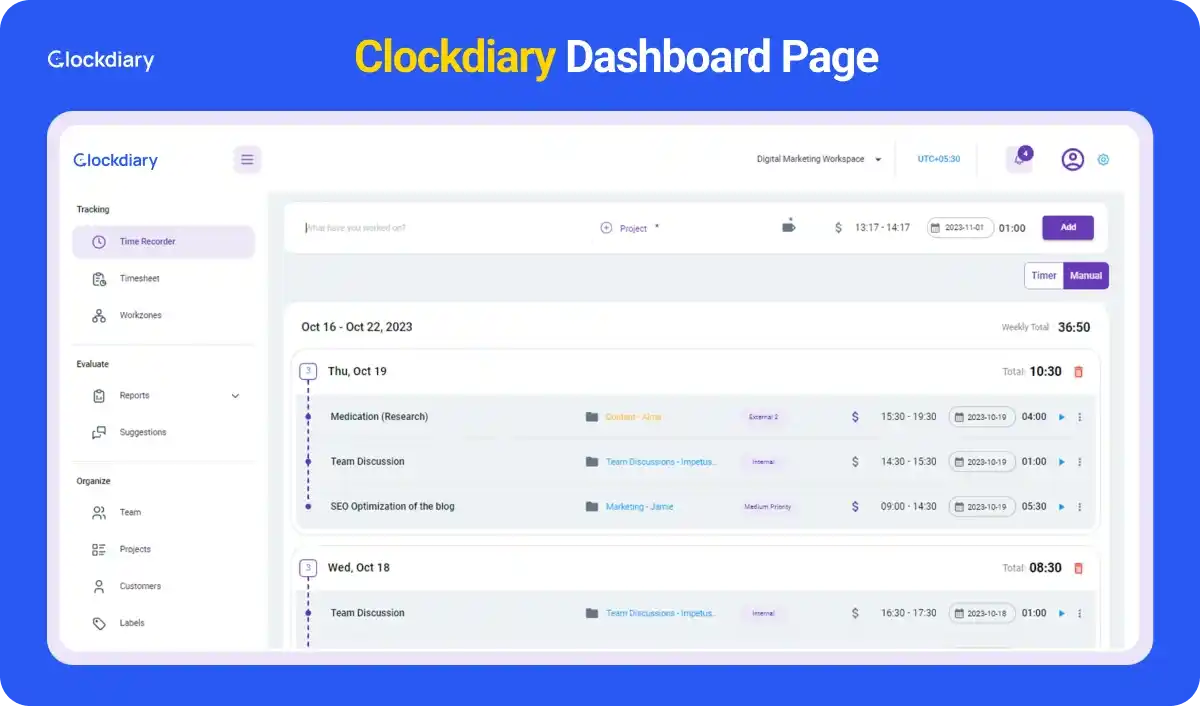 Clockdiary Best Clock In Clock Out App Dashboard Page