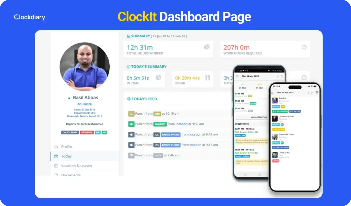 ClockIt Clock in Clock Out App Dashboard Page