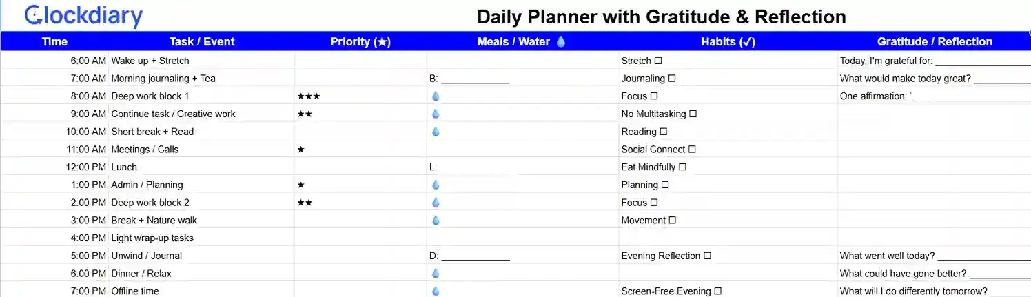 Daily Planner with Gratitude & Reflection