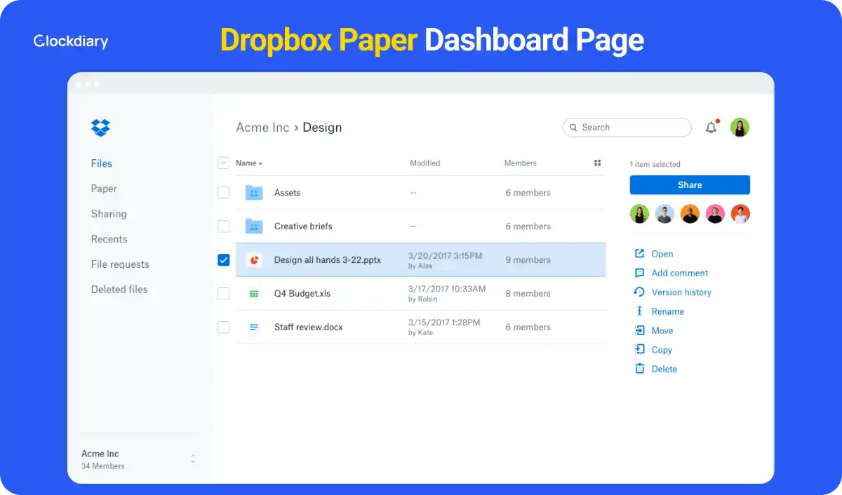 Dropbox Paper Dashboard Page