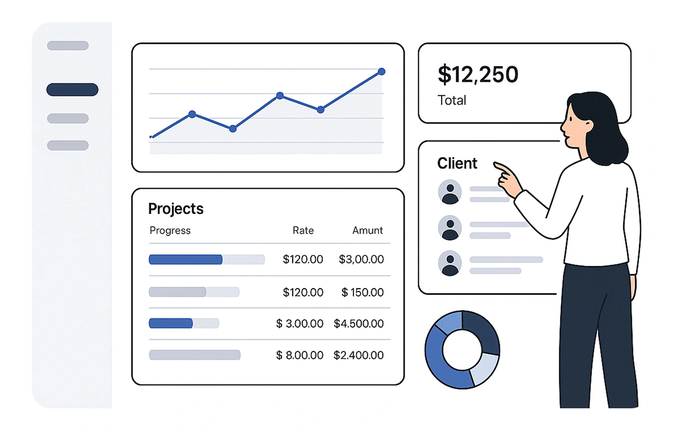 Illustration of a woman looking at a billing dashboard with a line chart a project table showing amounts for bills and a pie chart with a total amount of 12250