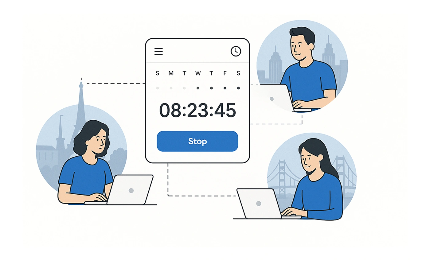 Illustration of three people working remotely around a central timer widget reading 08 : 23 : 45 with laptop devices and documents in the background