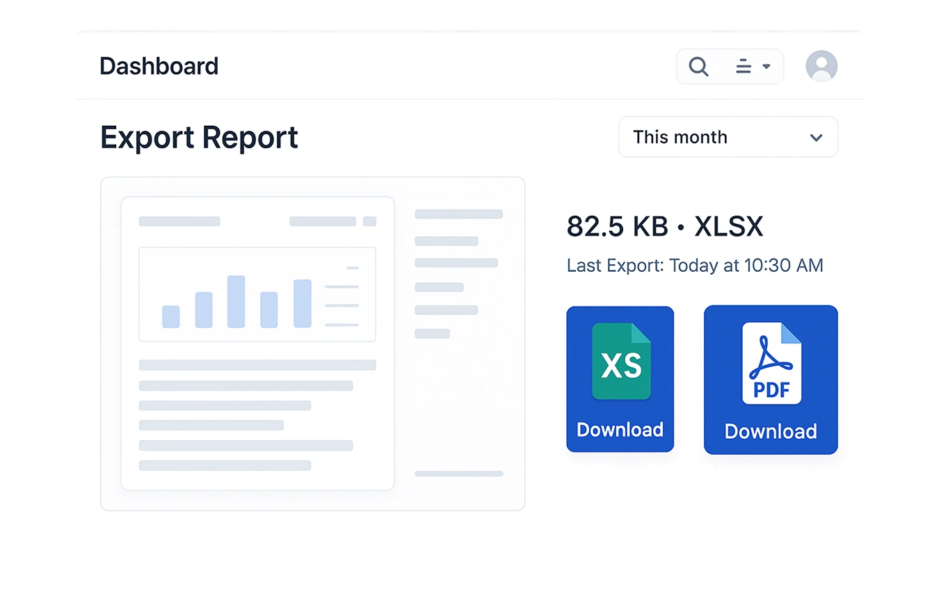 Export options panel from a work hours tracker with Excel and PDF report generation buttons.