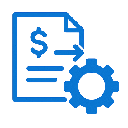Export and sync icon with document and gear, representing integration with payroll tools and billing systems