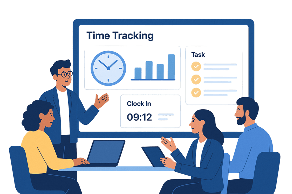 Illustration of a business team discussing time tracking data with charts, clock-in time, and task list, promoting Clockdiary free time clock app for teams.