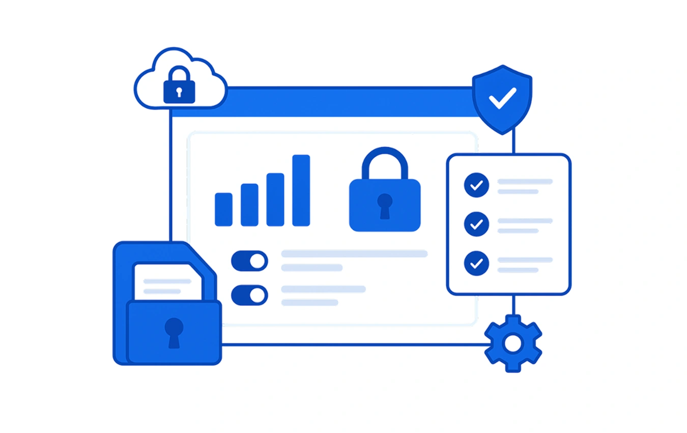 Secure cloud-based time tracking illustration with GDPR compliance and data protection symbols