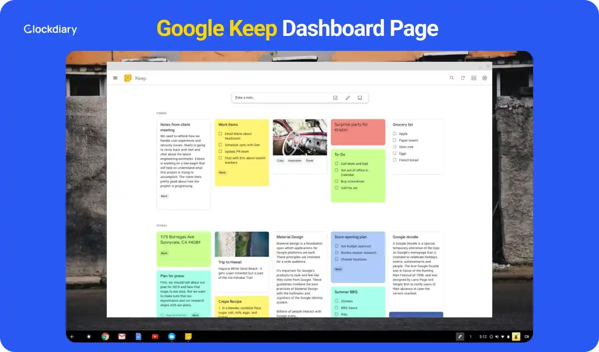 Google Keep Dashboard Page