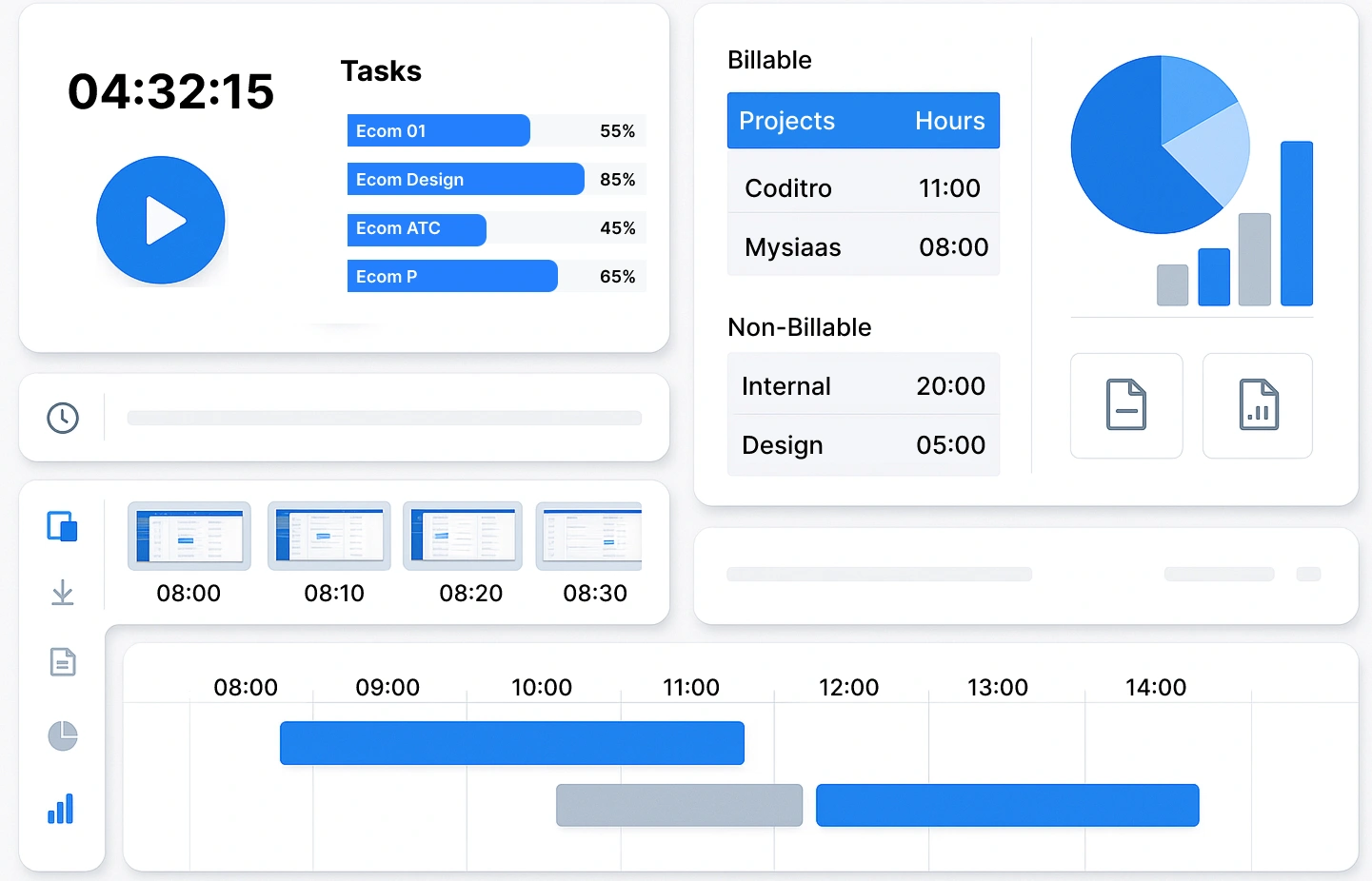 Dashboard interface of a free work hours tracker showing billable vs non-billable time, task progress, and daily time logs in a visual chart format