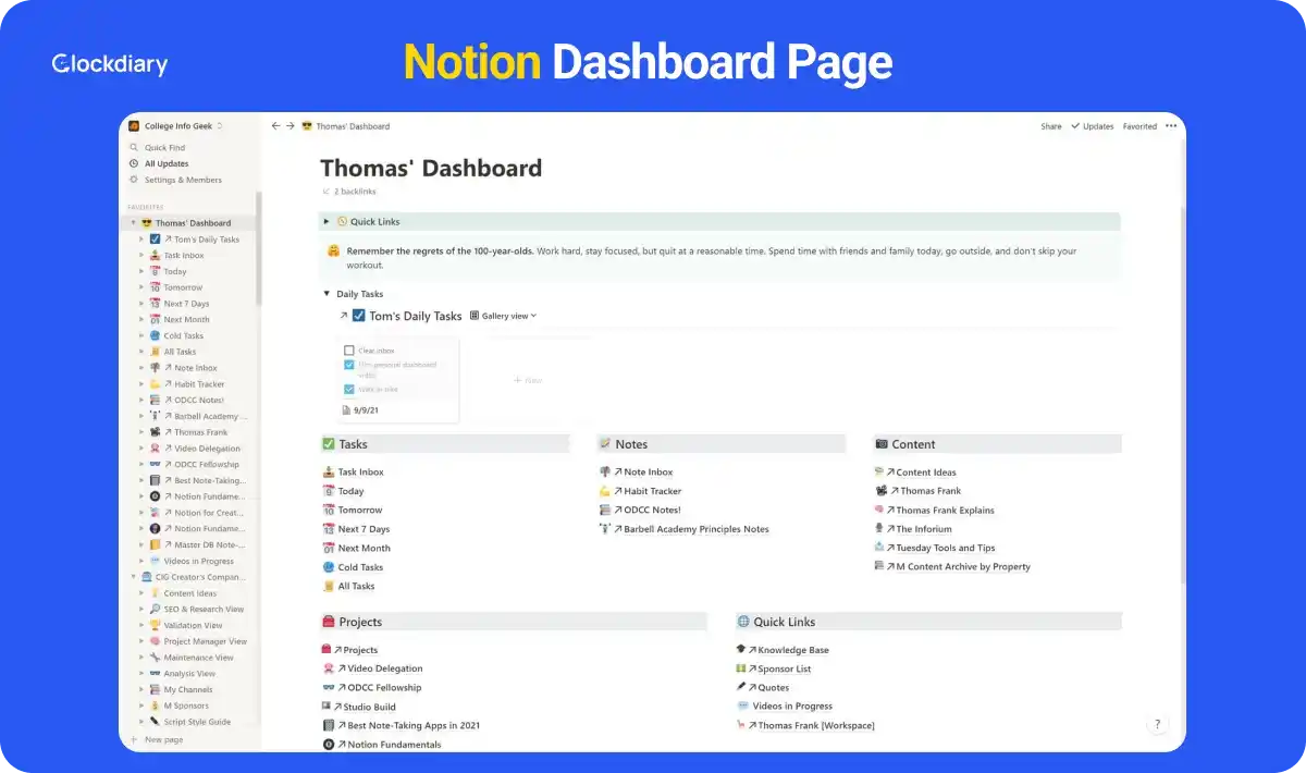 Notion, one of the best Evernote alternatives dashboard page