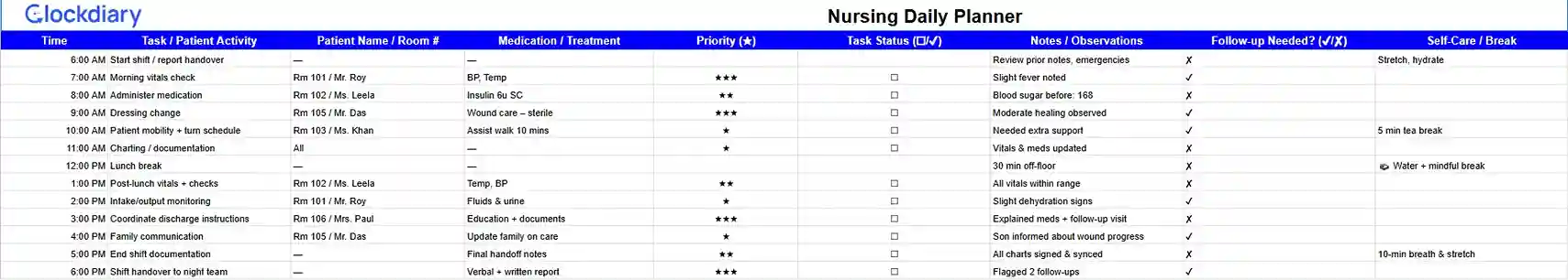 Nursing Daily Planner