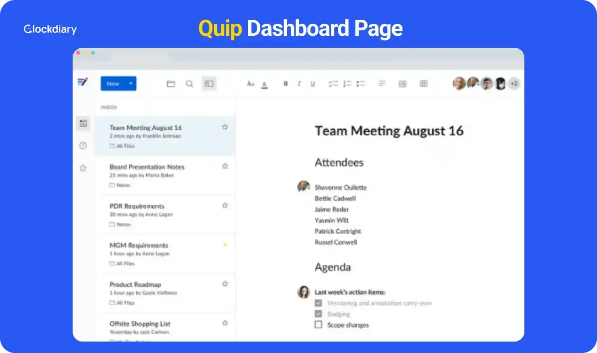 Quip, one of the best Evernote alternatives dashboard page