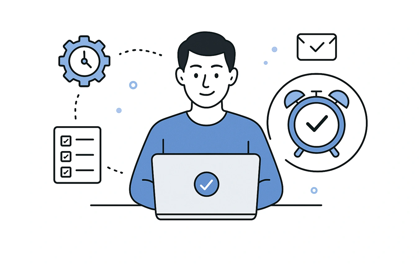 Illustration of a person sitting at a laptop surrounded by icons including a gear a checklist envelope and a clock indicating automation of tasks