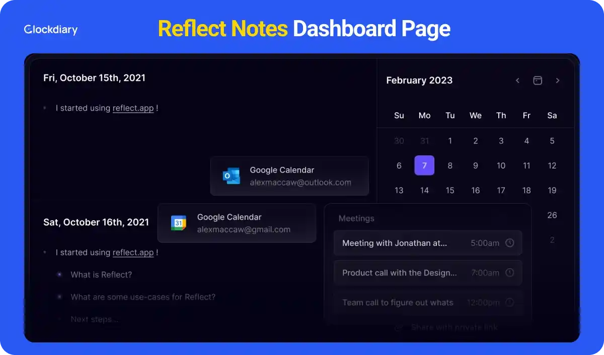 Reflect Notes Dashboard Page