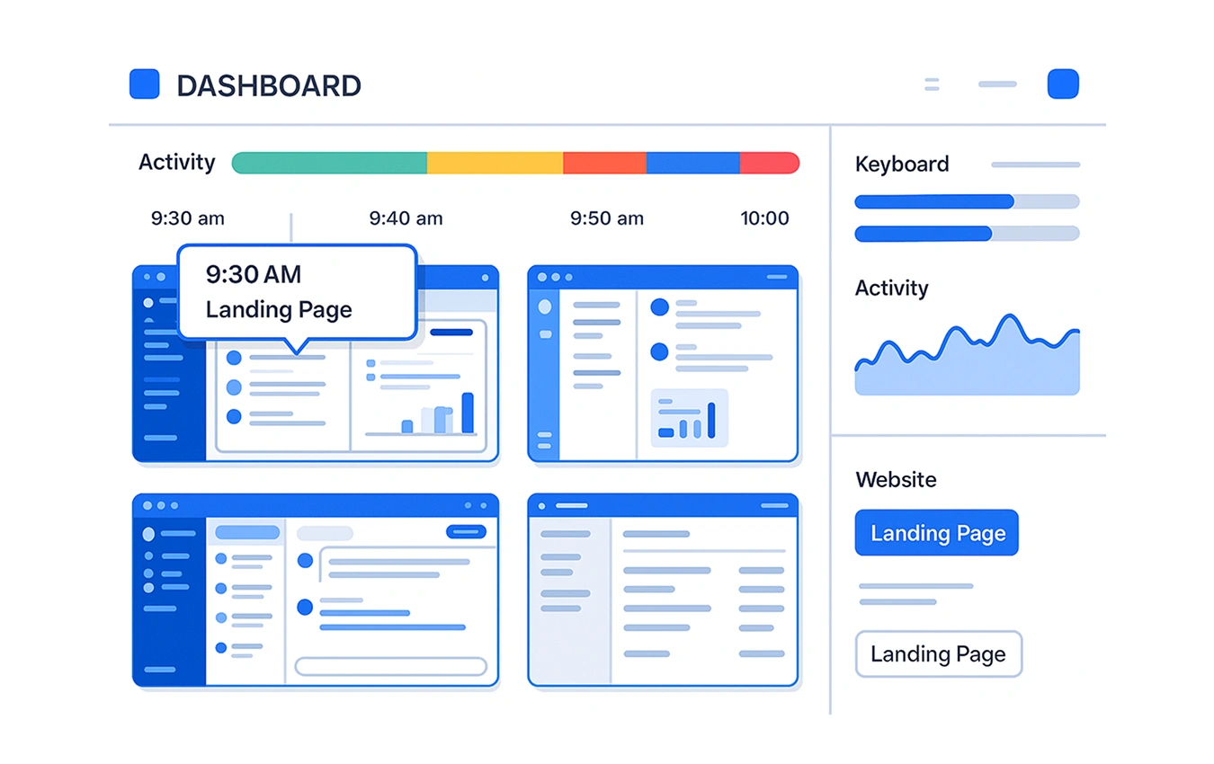 Activity monitoring dashboard displaying automated screenshots and employee activity reports.