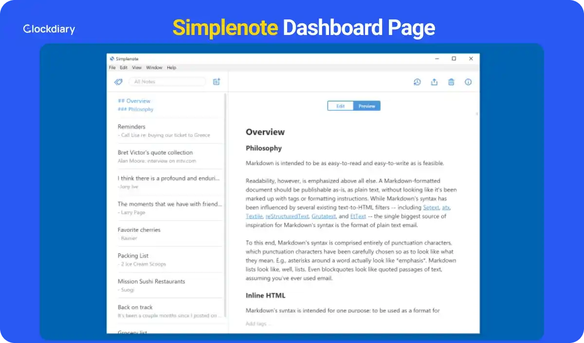 Simplenote Dashboard Page