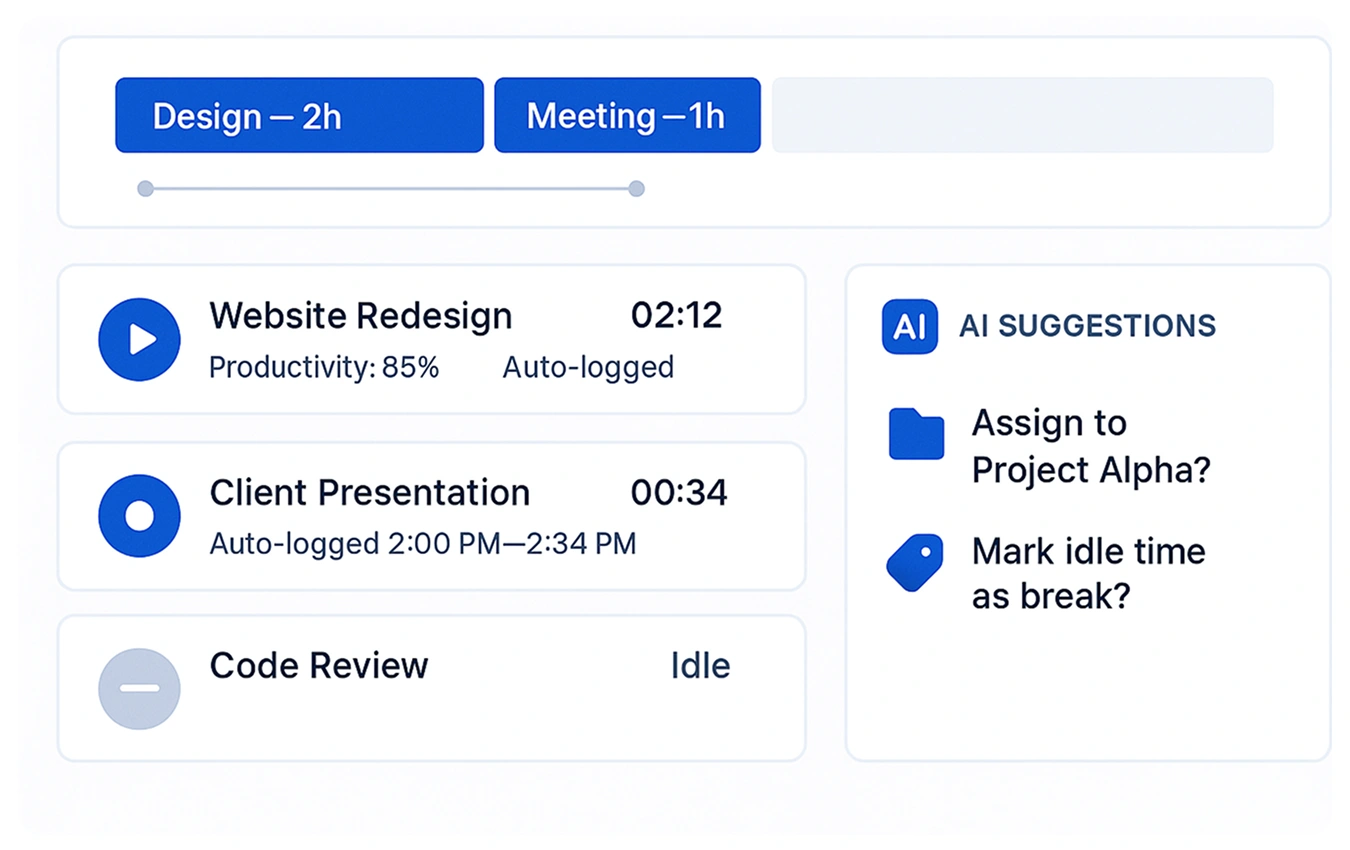 Illustration of smart auto time tracking software detecting active work hours without manual input.