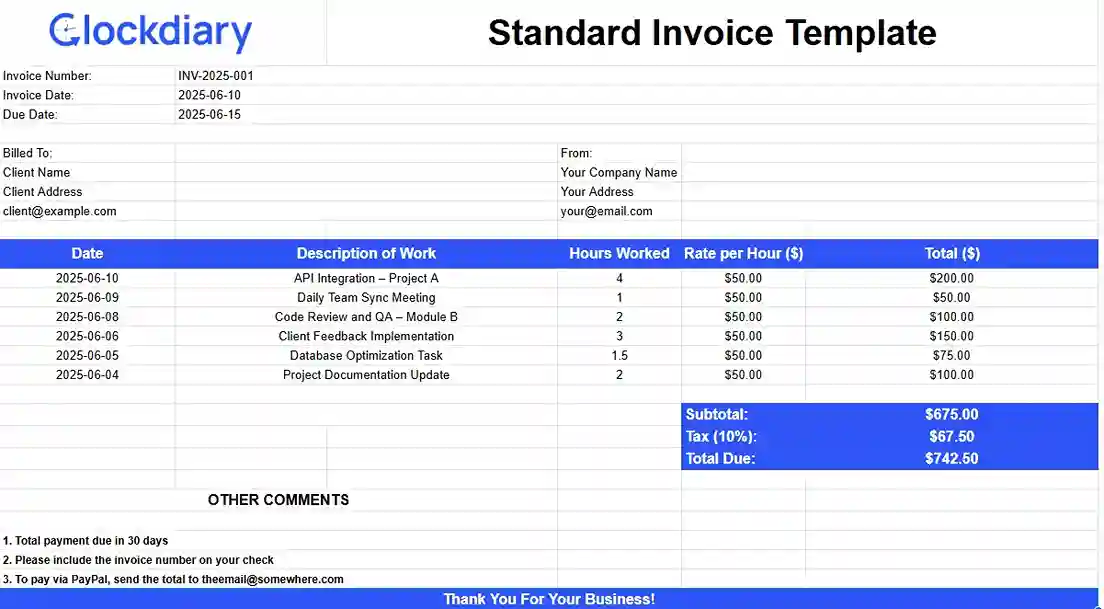 Standard Invoice Template, one of the most important types of invoices. 