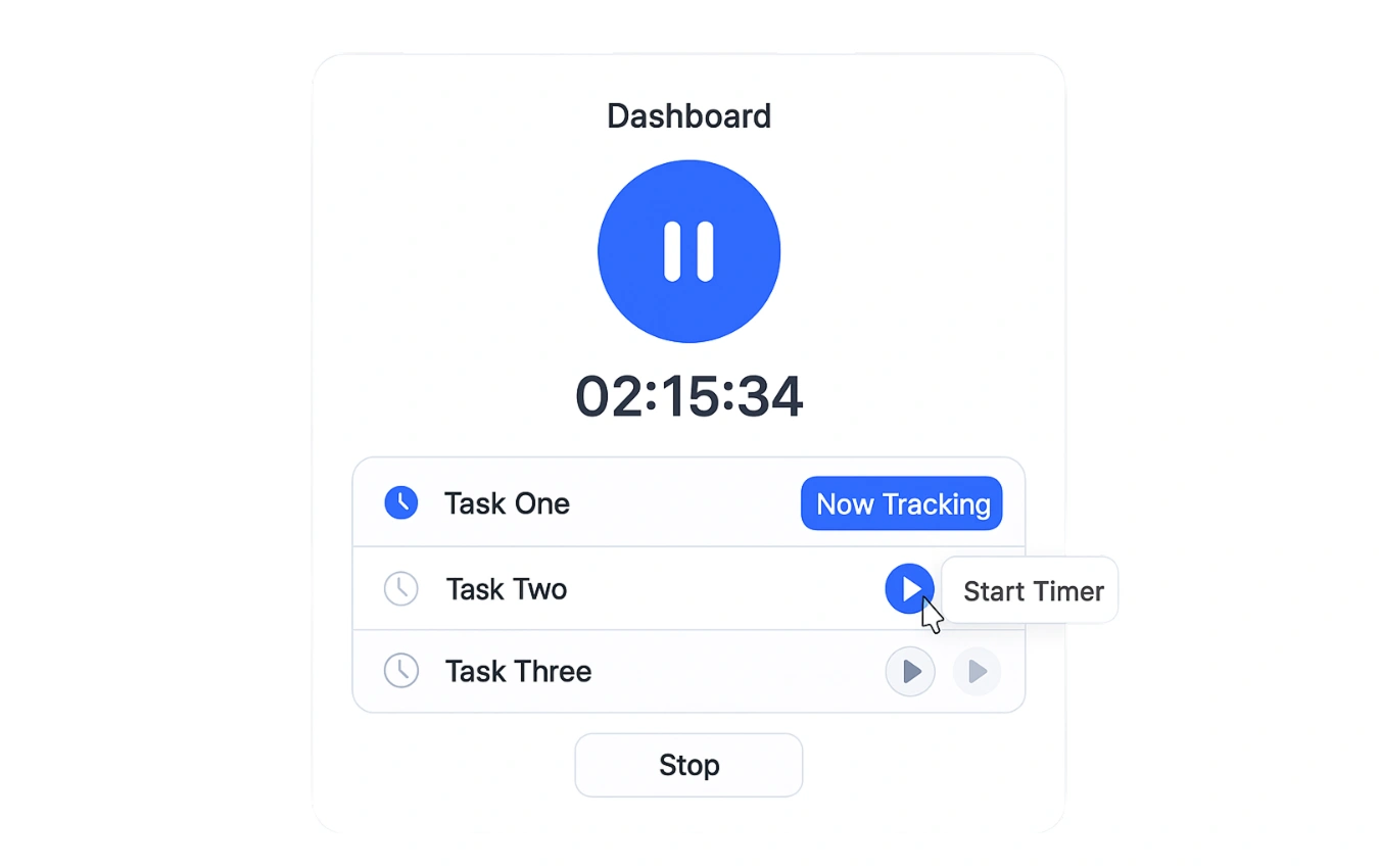 Clockdiary work hours tracker interface showing one-click start and stop timer for simplified time logging.

