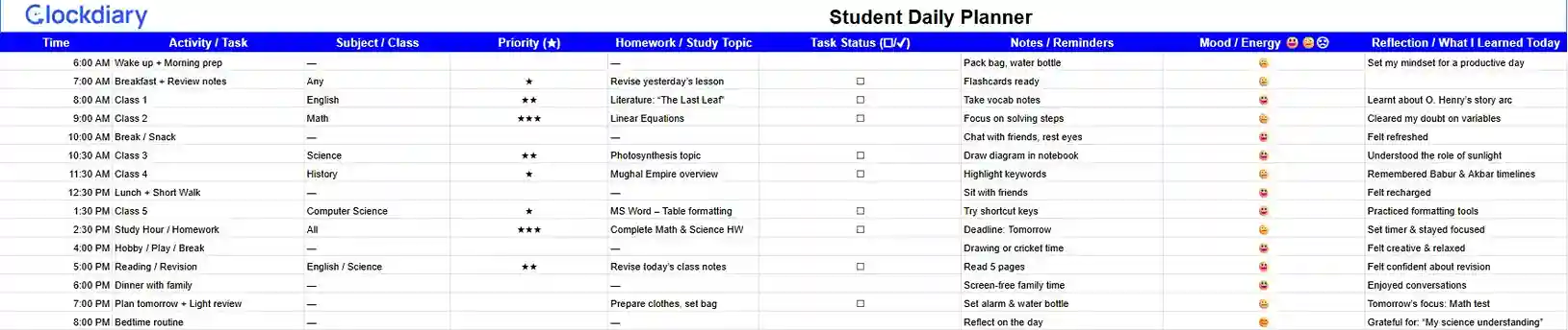 Student Daily Planner Templates