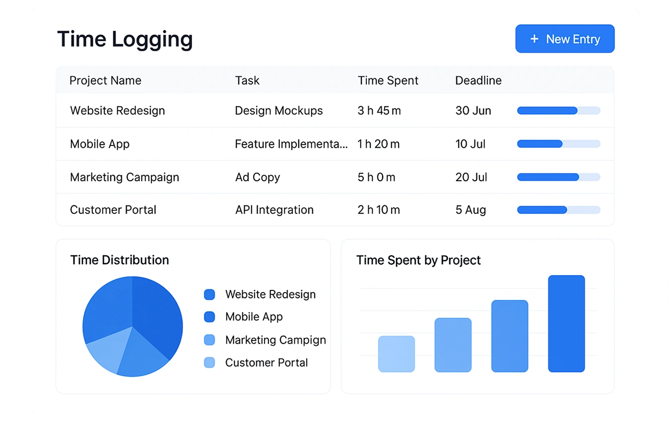 Work hours tracker UI showing task-specific and project-based time entries with timeline blocks.