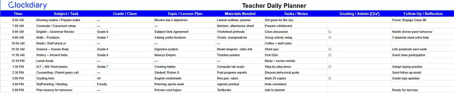 Teacher Daily Planner