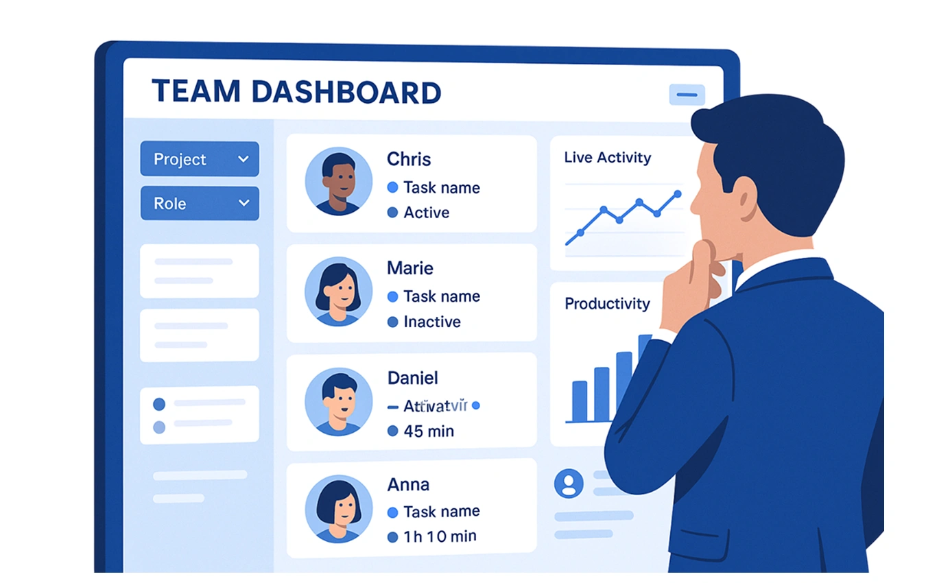 Employee using a digital dashboard to monitor team activity logs and productivity metrics.