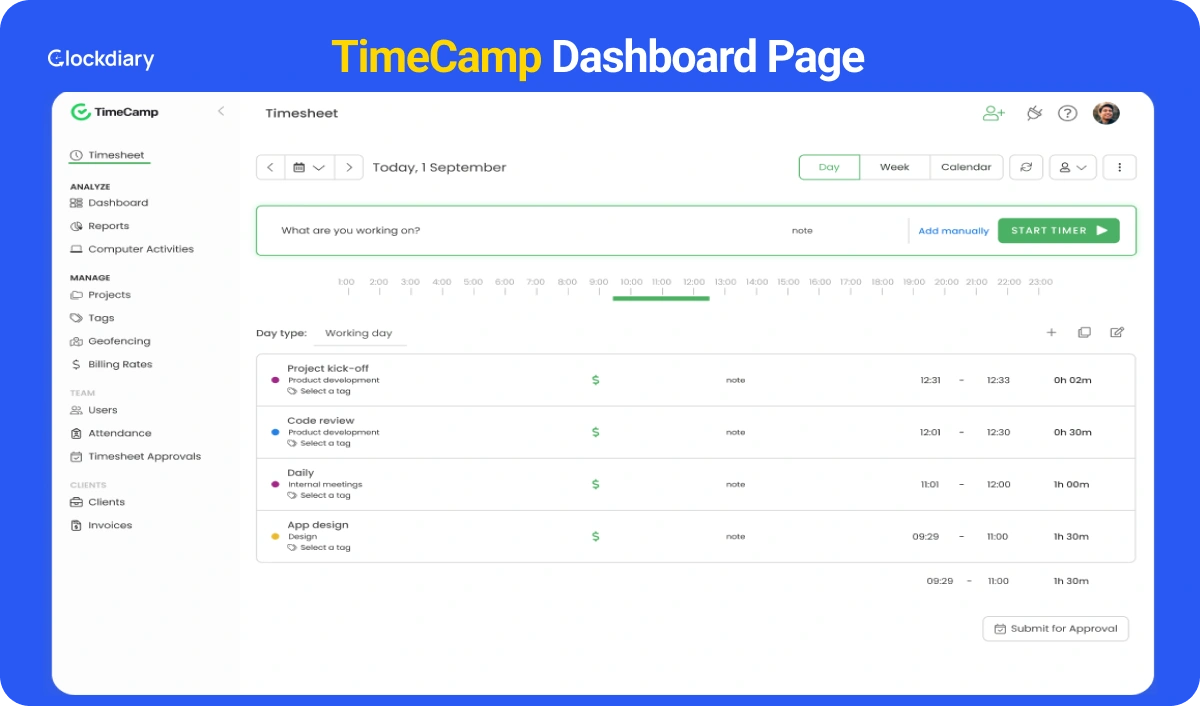 TimeCamp Dashboard Page