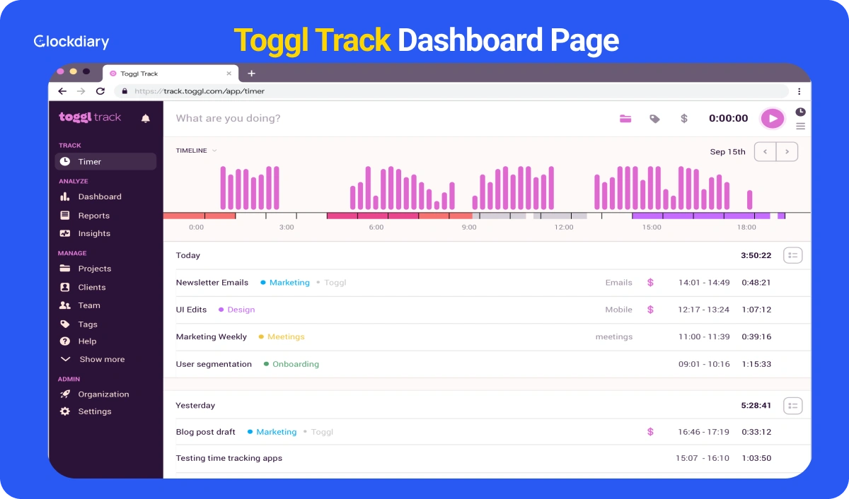 Toggl Track Dashboard Page