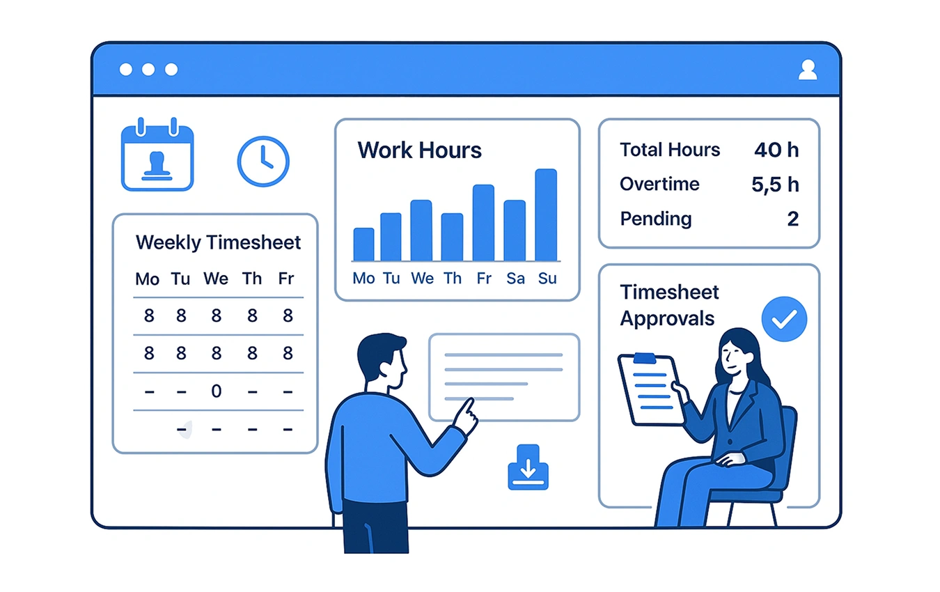Dashboard visual showing work hour reports, digital timesheets, and payroll approval tools.