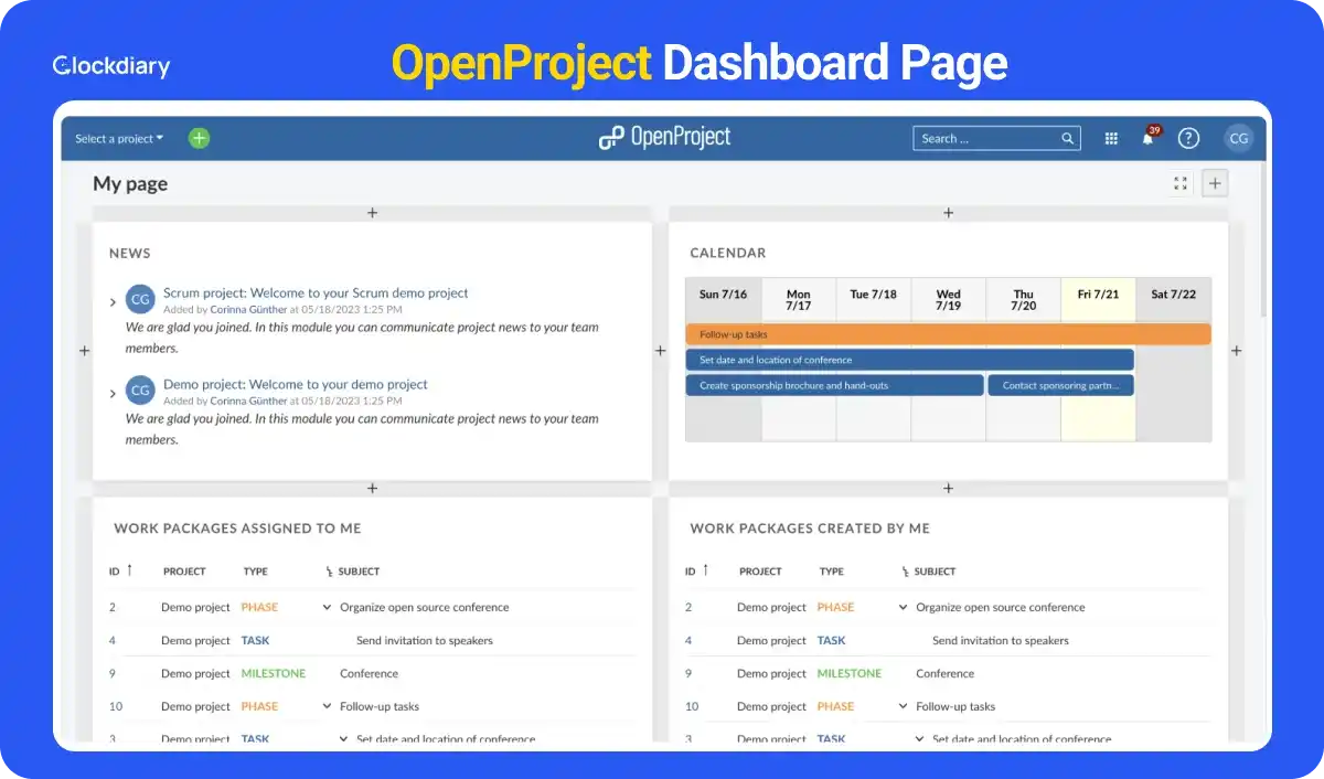 OpenProject Dashboard Page