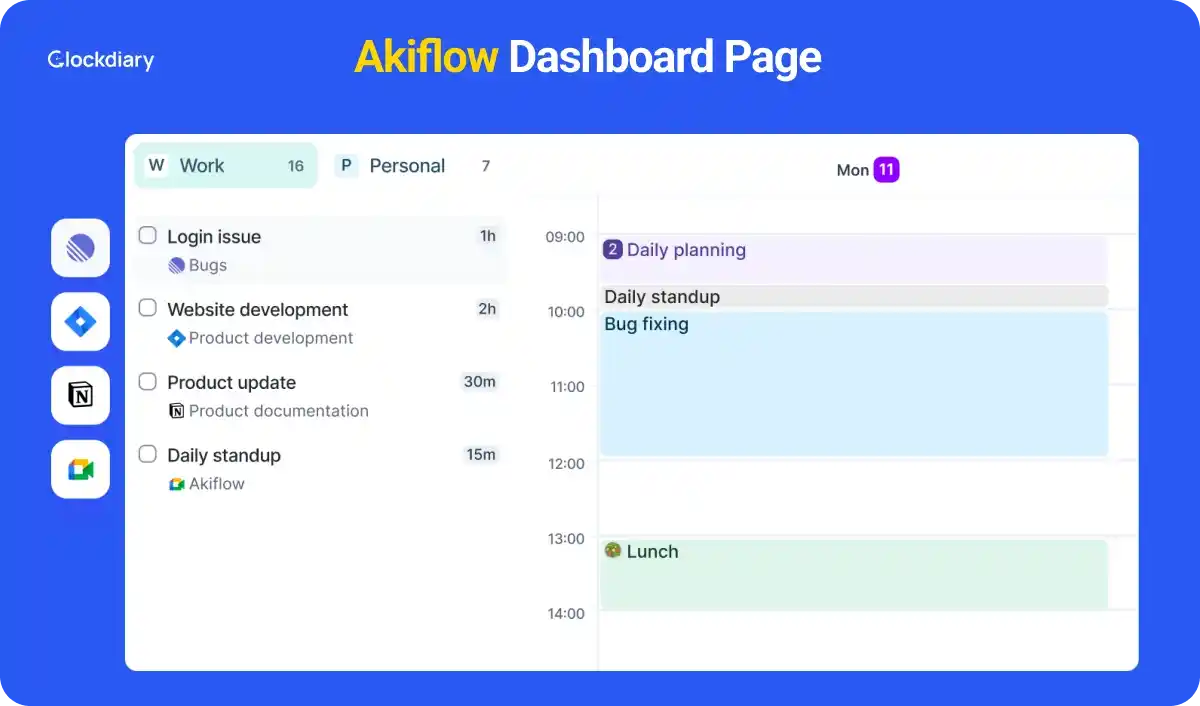 Akiflow Dashboard Page, one of the best daily planner apps