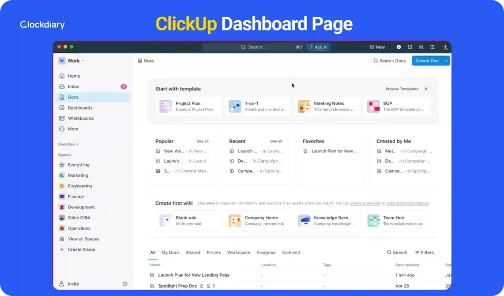 ClickUp project dashboard