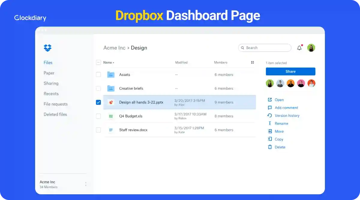 Dropbox Dashboard Page