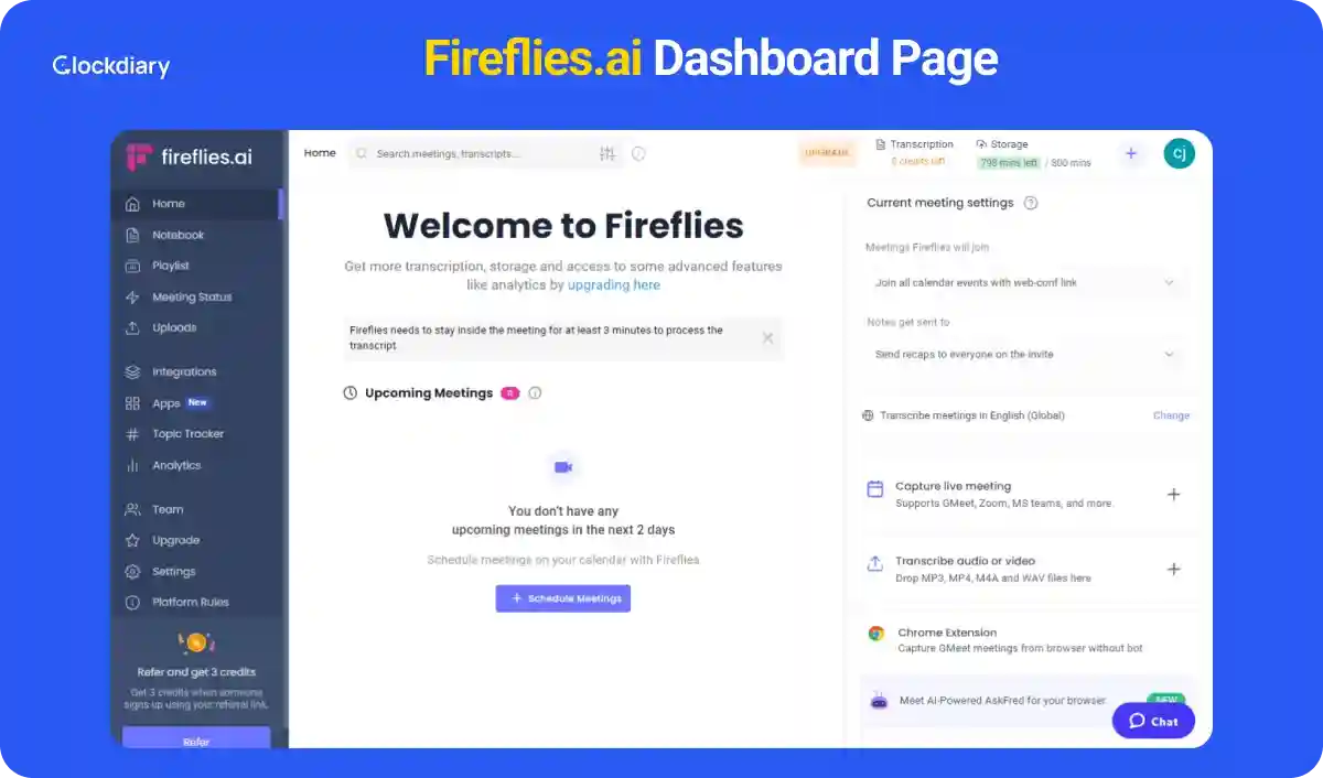 Fireflies.ai Dashboard Page