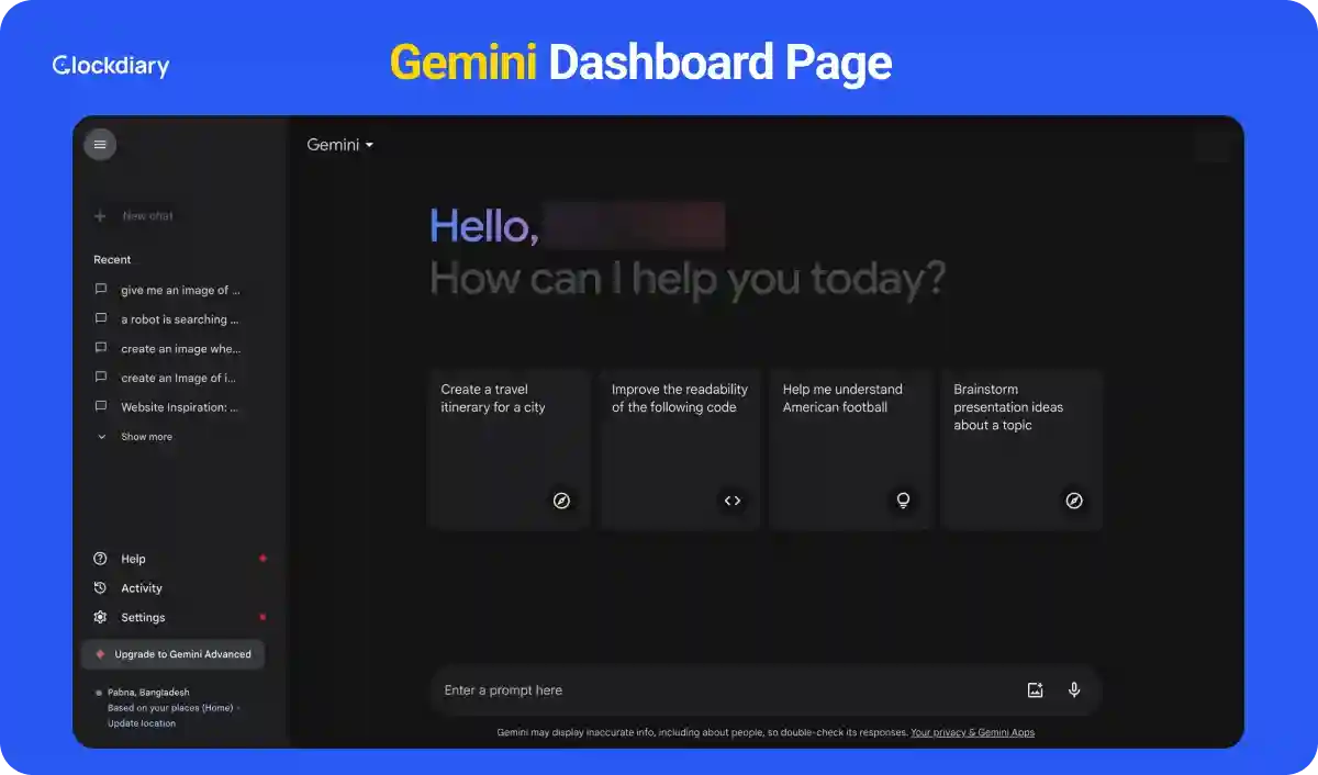Google Gemini Dashboard Page